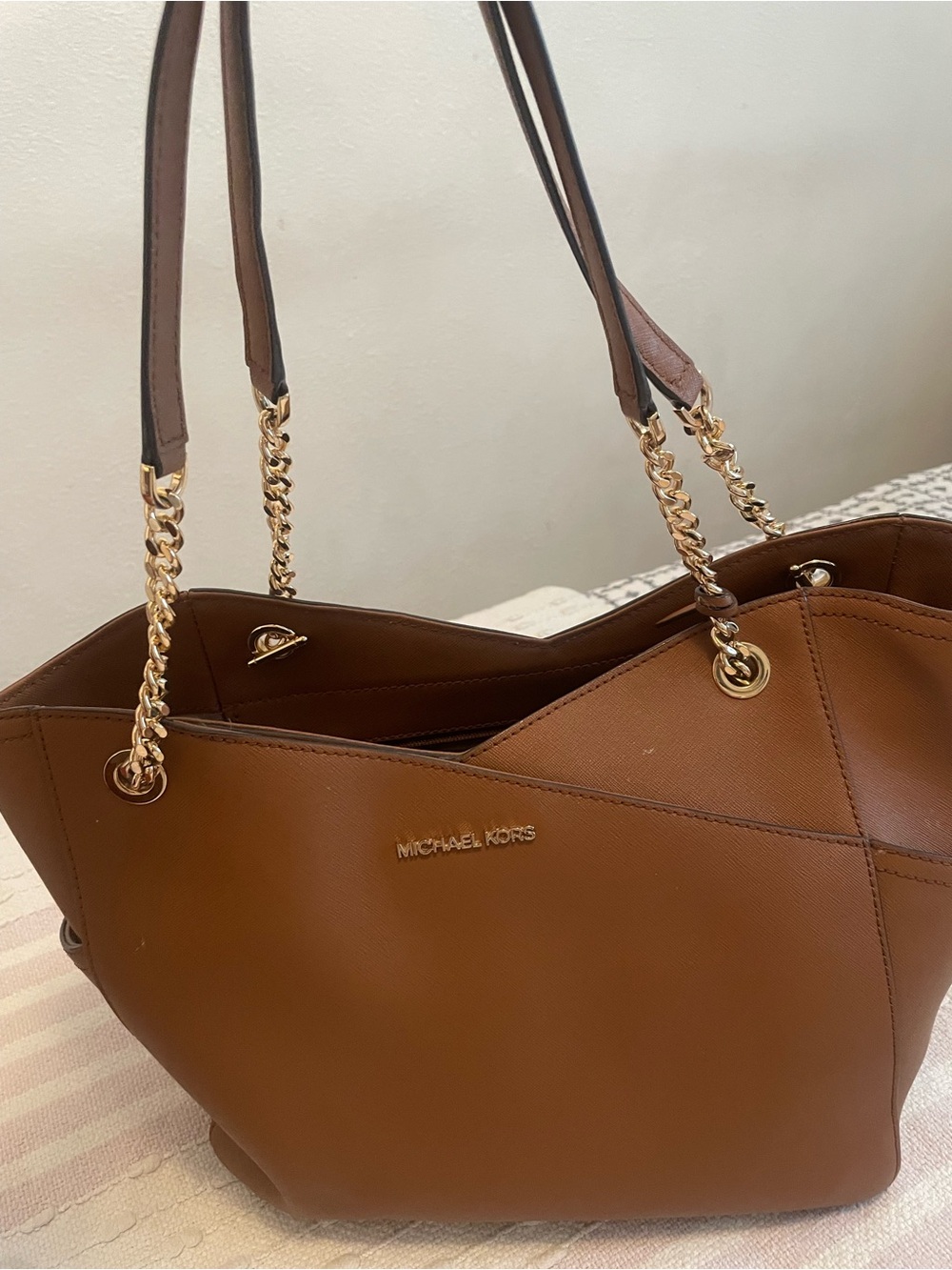 Michael Kors Brown Saffiano Leather Tote with Gold Chain Straps